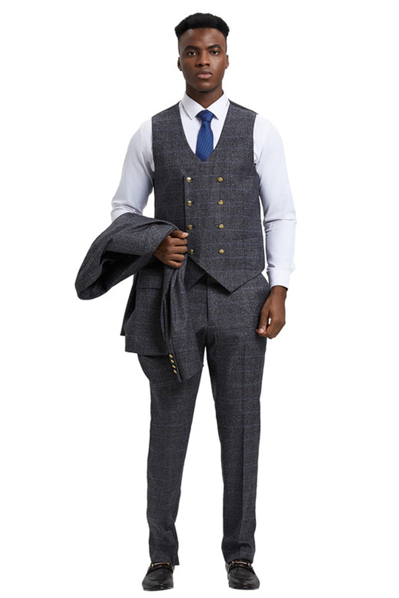 Men's Stacy Adam's One Button Vested Peak Lapel Business Suit in Charcoal Grey Plaid - 36 Regular