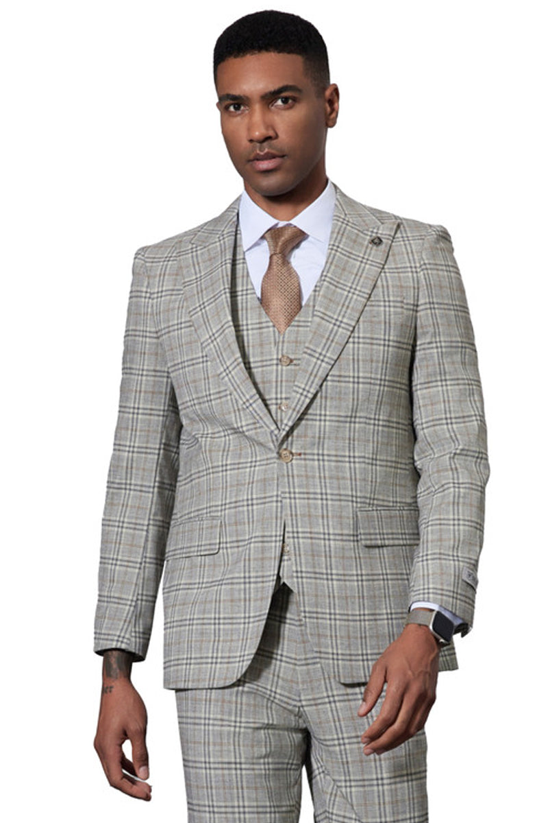 Men's Stacy Adams One Button Peak Lapel Vested Glen Plaid Suit in Grey - 34 Short