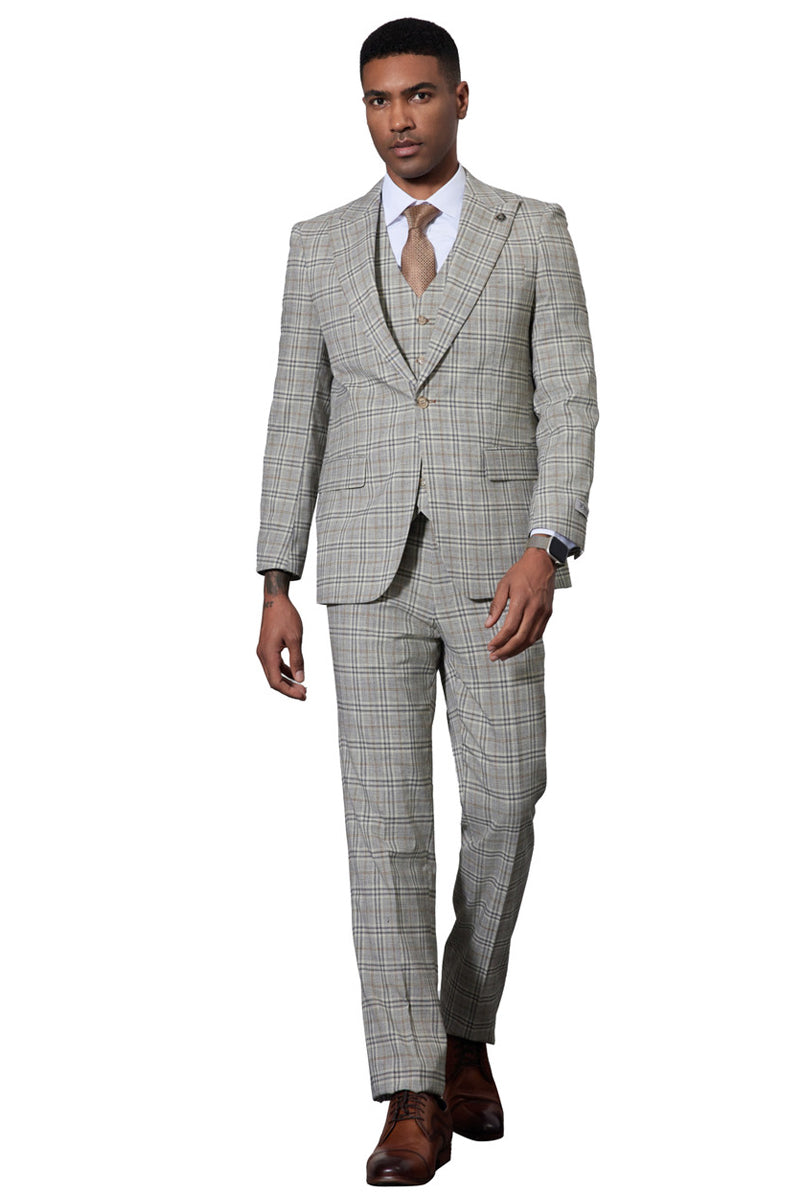 Men's Stacy Adams One Button Peak Lapel Vested Glen Plaid Suit in Grey - 34 Short