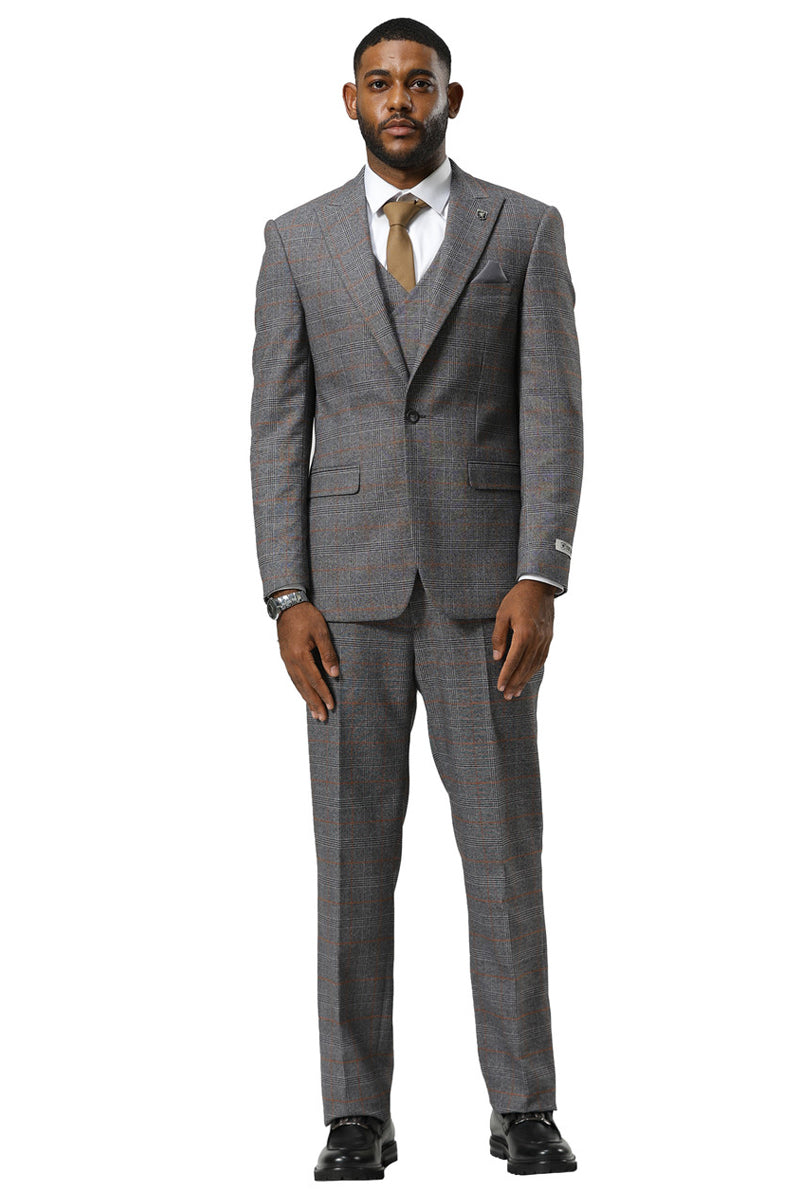 Men's Stacy Adams One Button Peak Lapel Suit With Double Breasted Vest in Grey Glen Plaid - 34 Short