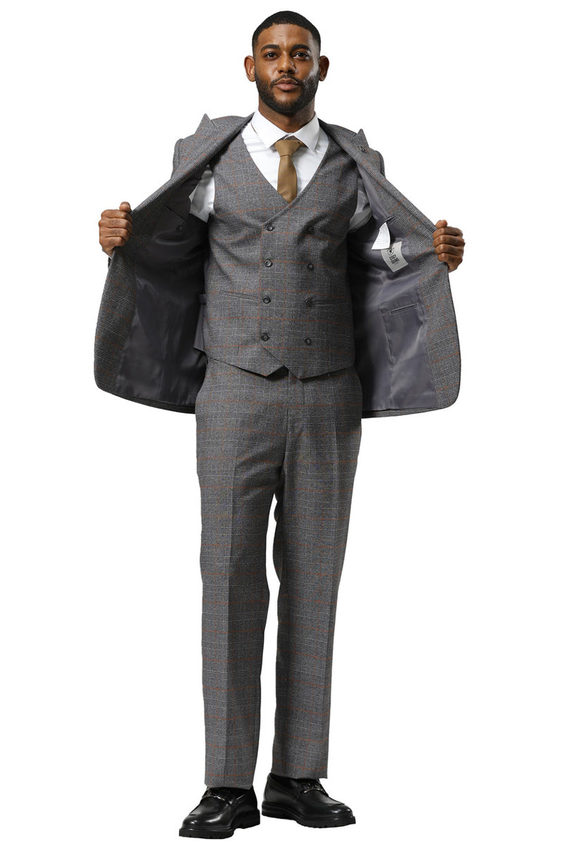 Men's Stacy Adams One Button Peak Lapel Suit With Double Breasted Vest in Grey Glen Plaid - 34 Short