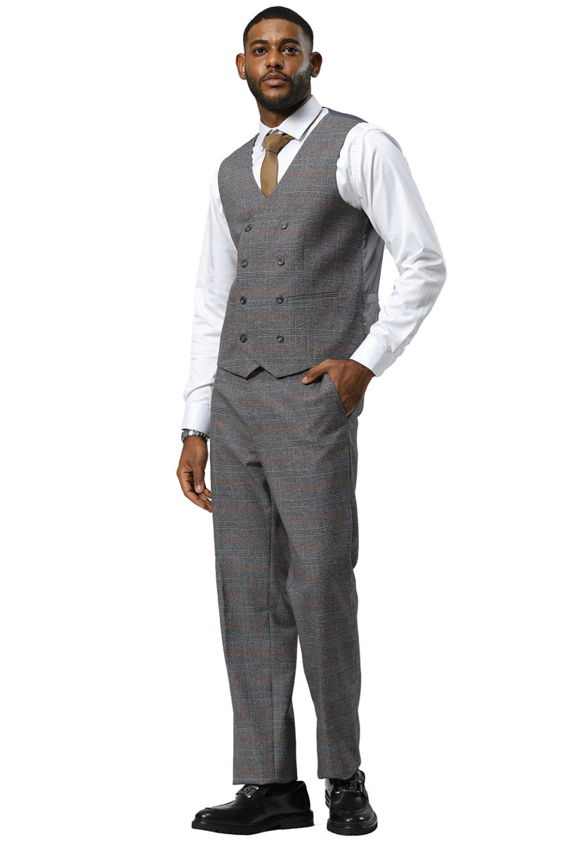 Men's Stacy Adams One Button Peak Lapel Suit With Double Breasted Vest in Grey Glen Plaid - 34 Short
