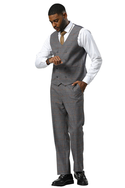 Men's Stacy Adams One Button Peak Lapel Suit With Double Breasted Vest in Grey Glen Plaid