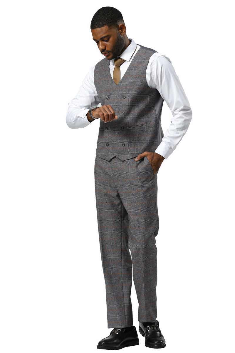 Men's Stacy Adams One Button Peak Lapel Suit With Double Breasted Vest in Grey Glen Plaid - 34 Short
