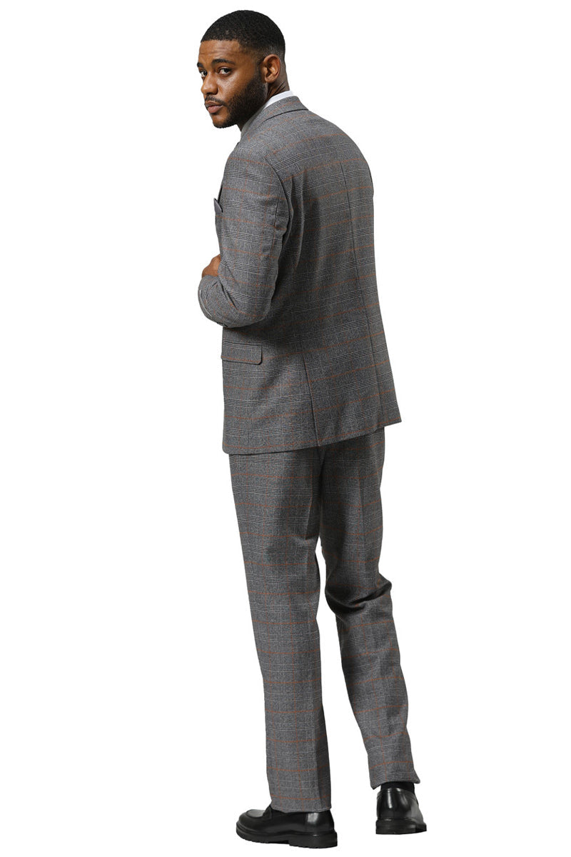 Men's Stacy Adams One Button Peak Lapel Suit With Double Breasted Vest in Grey Glen Plaid - 34 Short