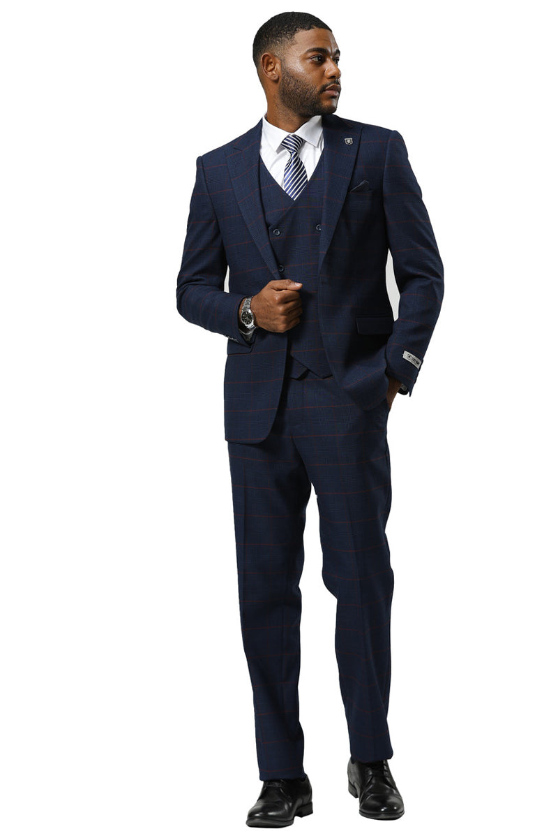 Men's Stacy Adams One Button Peak Lapel Suit With Double Breasted Vest in Navy Glen Plaid - 34 Short