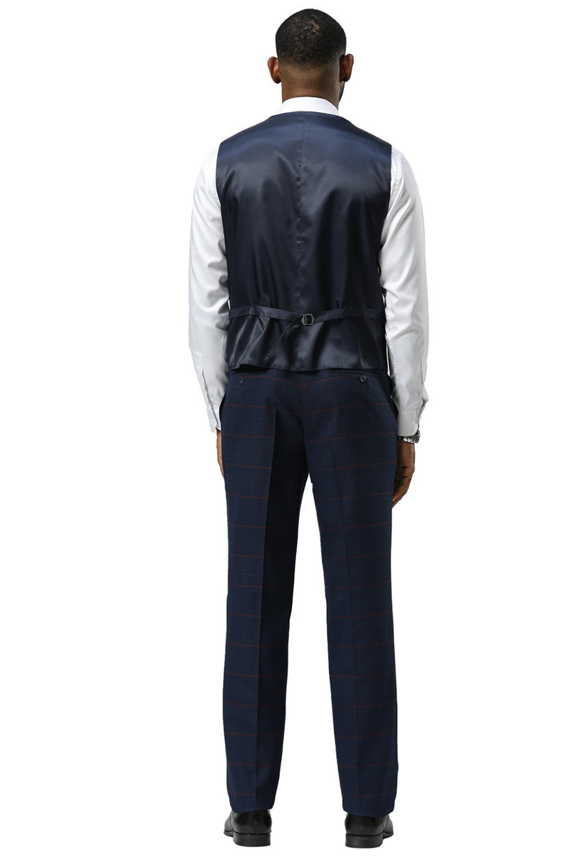 Men's Stacy Adams One Button Peak Lapel Suit With Double Breasted Vest in Navy Glen Plaid - 34 Short
