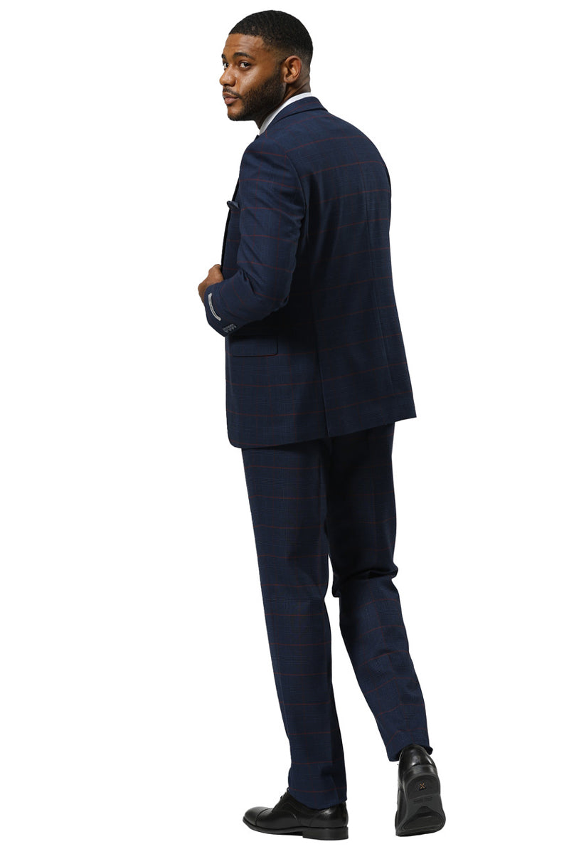 Men's Stacy Adams One Button Peak Lapel Suit With Double Breasted Vest in Navy Glen Plaid - 34 Short