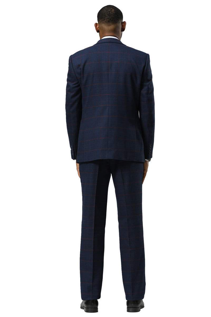 Men's Stacy Adams One Button Peak Lapel Suit With Double Breasted Vest in Navy Glen Plaid - 34 Short