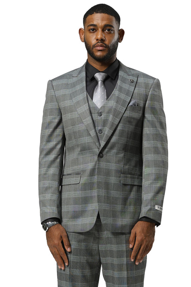 Men's Stacy Adams One Button Vested Peak Lapel Suit in Grey Glen Plaid - 34 Short
