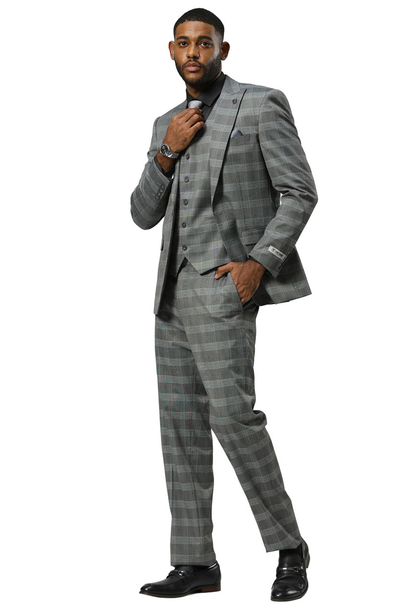 Men's Stacy Adams One Button Vested Peak Lapel Suit in Grey Glen Plaid - 34 Short