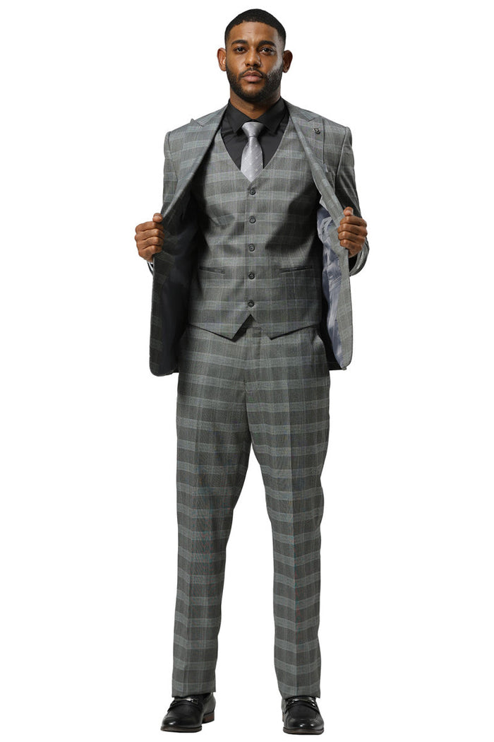 Men's Stacy Adams One Button Vested Peak Lapel Suit in Grey Glen Plaid