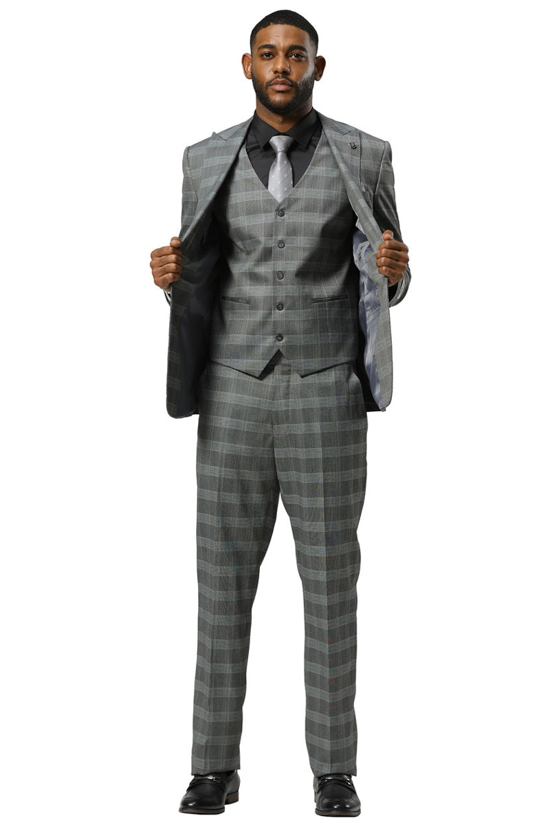 Men's Stacy Adams One Button Vested Peak Lapel Suit in Grey Glen Plaid - 34 Short