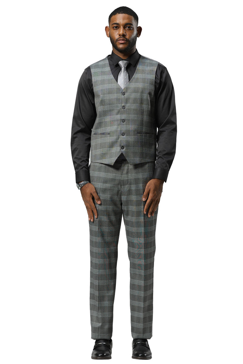Men's Stacy Adams One Button Vested Peak Lapel Suit in Grey Glen Plaid - 34 Short