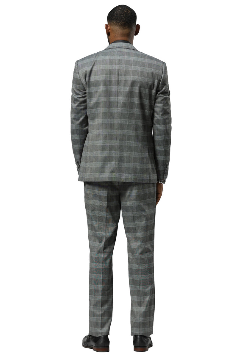 Men's Stacy Adams One Button Vested Peak Lapel Suit in Grey Glen Plaid - 34 Short