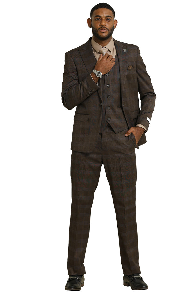 Men's Stacy Adams One Button Vested Peak Lapel Suit in Brown Glen Plaid - 34 Short