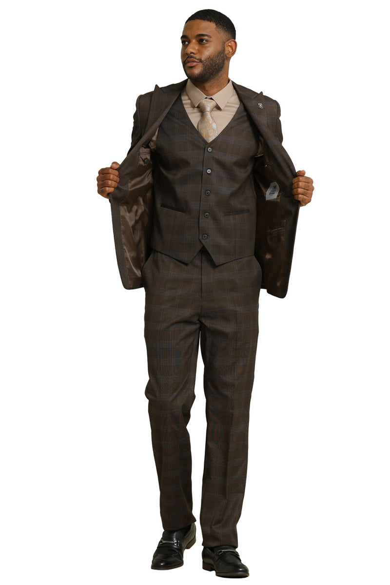 Men's Stacy Adams One Button Vested Peak Lapel Suit in Brown Glen Plaid - 34 Short