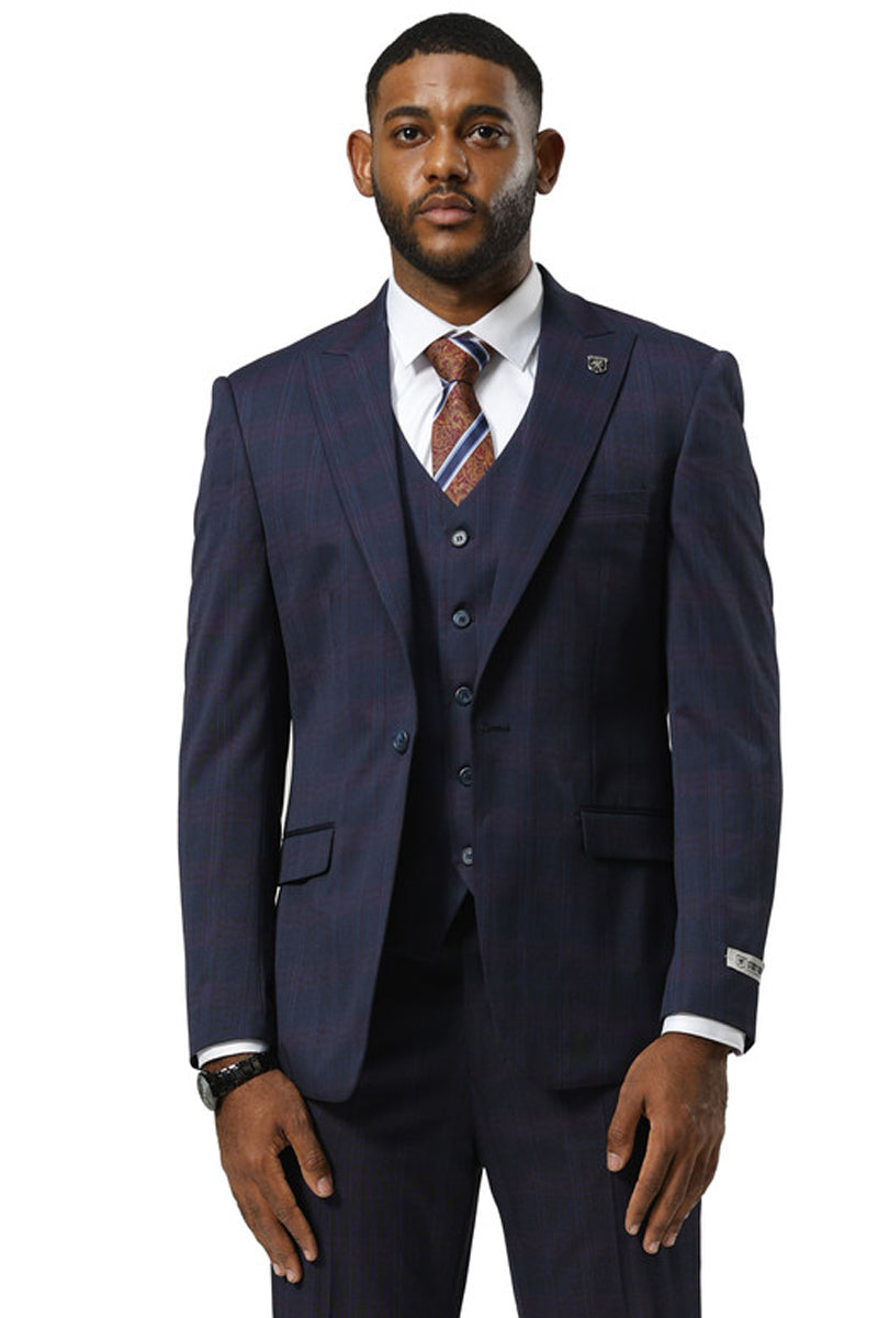 Men's Stacy Adams One Button Vested Peak Lapel Suit in Navy Glen Plaid - 34 Short