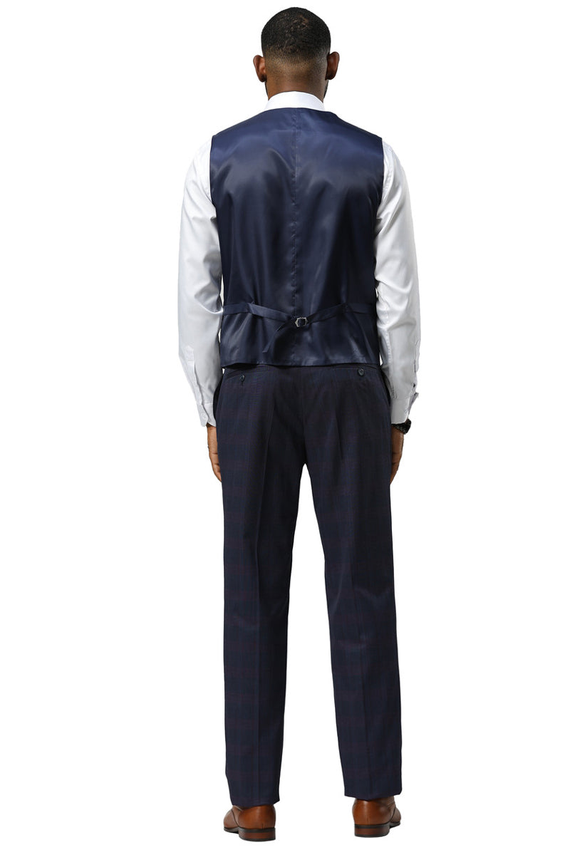 Men's Stacy Adams One Button Vested Peak Lapel Suit in Navy Glen Plaid - 34 Short