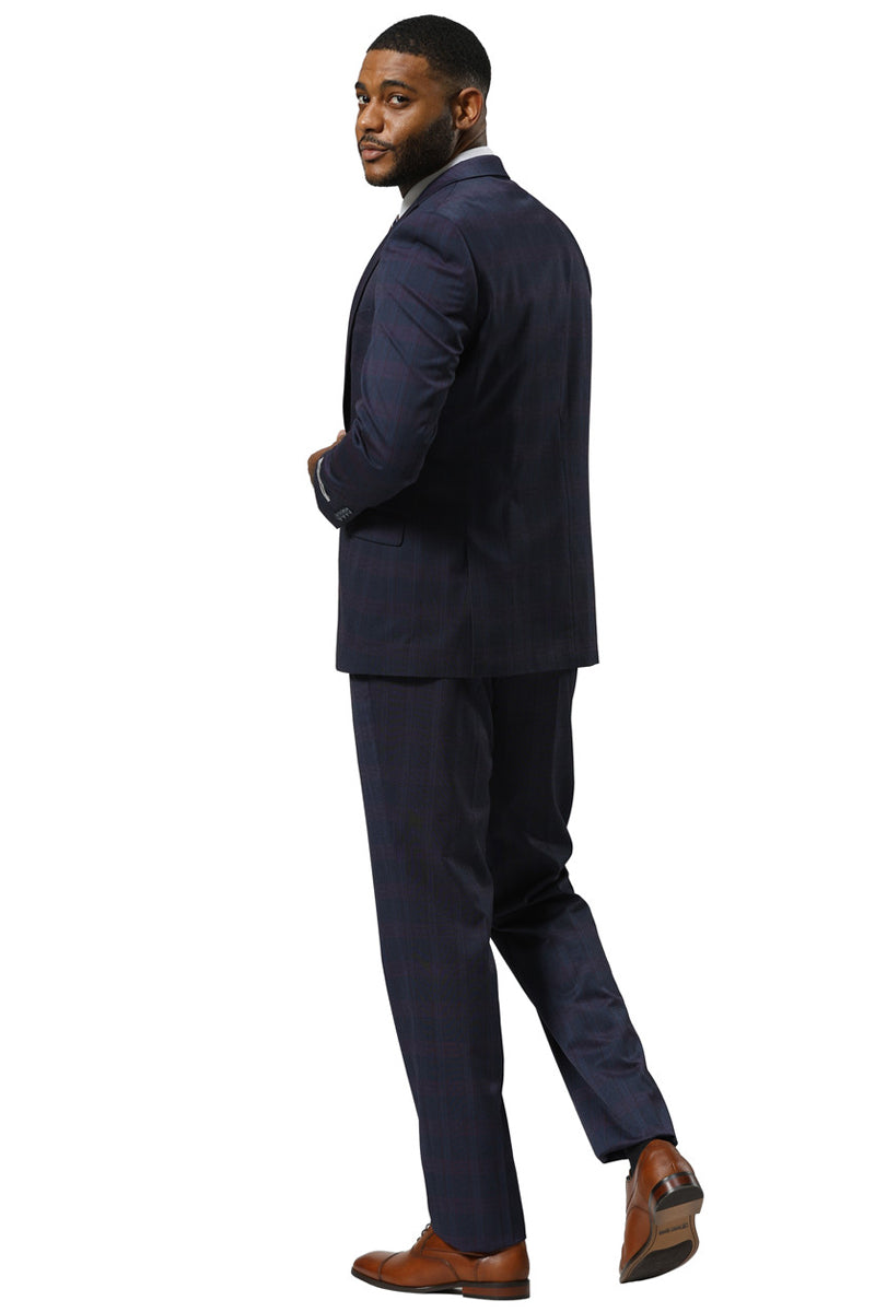 Men's Stacy Adams One Button Vested Peak Lapel Suit in Navy Glen Plaid - 34 Short