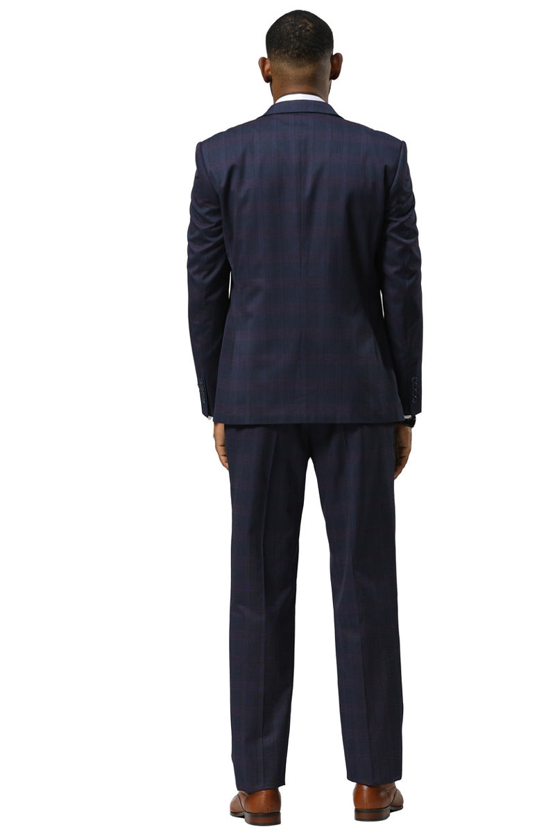 Men's Stacy Adams One Button Vested Peak Lapel Suit in Navy Glen Plaid - 34 Short