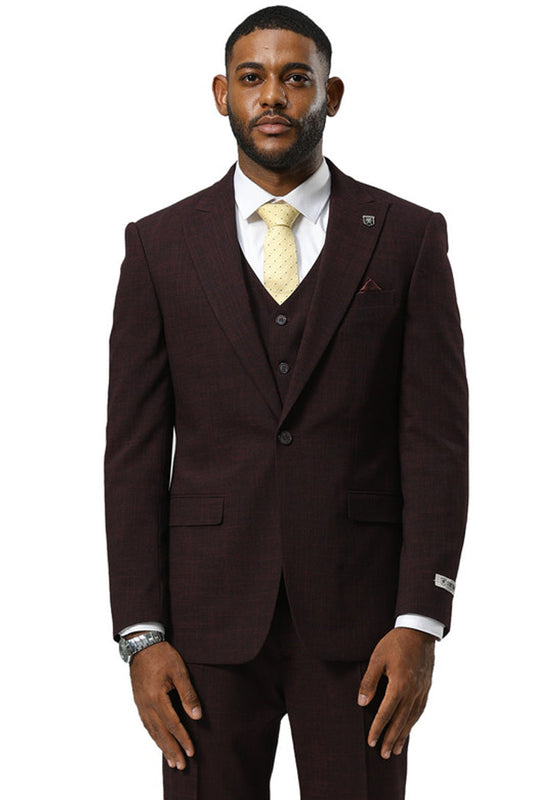 Men's Stacy Adams One Button Peak Lapel Vested Sharkskin Suit in Burgundy