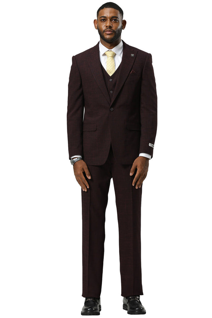 Men's Stacy Adams One Button Peak Lapel Vested Sharkskin Suit in Burgundy