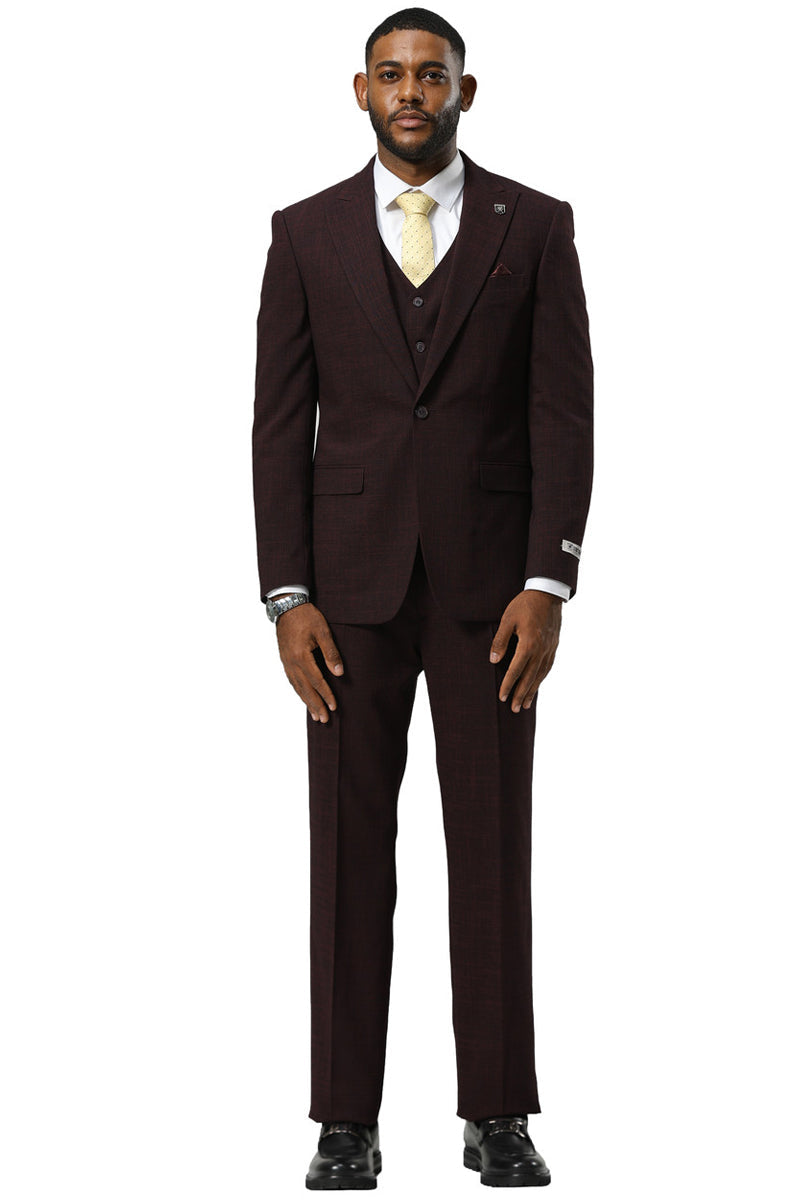 Men's Stacy Adams One Button Peak Lapel Vested Sharkskin Suit in Burgundy - 34 Short