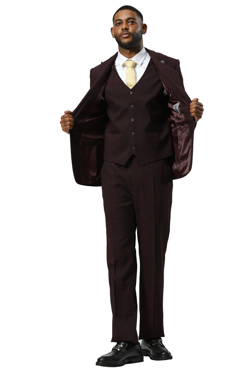 Men's Stacy Adams One Button Peak Lapel Vested Sharkskin Suit in Burgundy - 34 Short