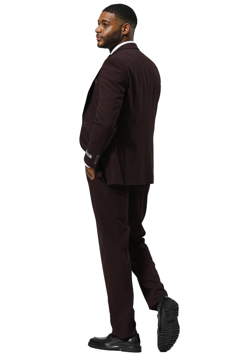 Men's Stacy Adams One Button Peak Lapel Vested Sharkskin Suit in Burgundy - 34 Short