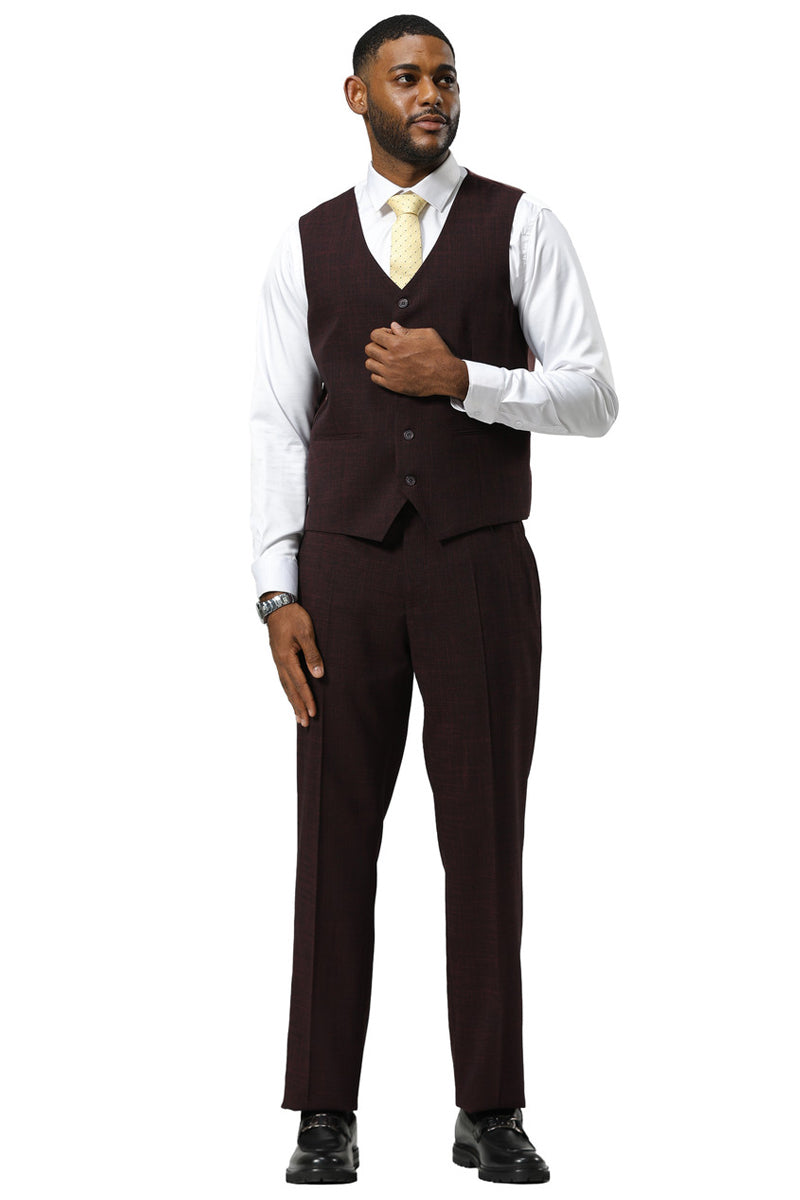 Men's Stacy Adams One Button Peak Lapel Vested Sharkskin Suit in Burgundy - 34 Short