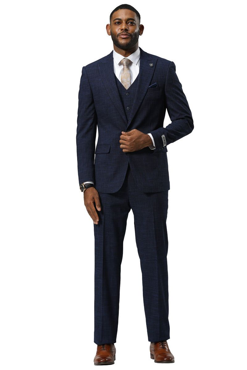 Men's Stacy Adams One Button Peak Lapel Vested Sharkskin Suit in Navy - 34 Short