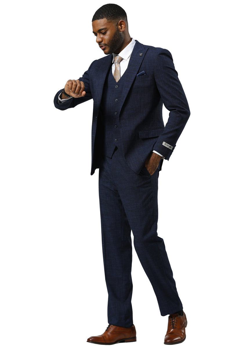 Men's Stacy Adams One Button Peak Lapel Vested Sharkskin Suit in Navy - 34 Short