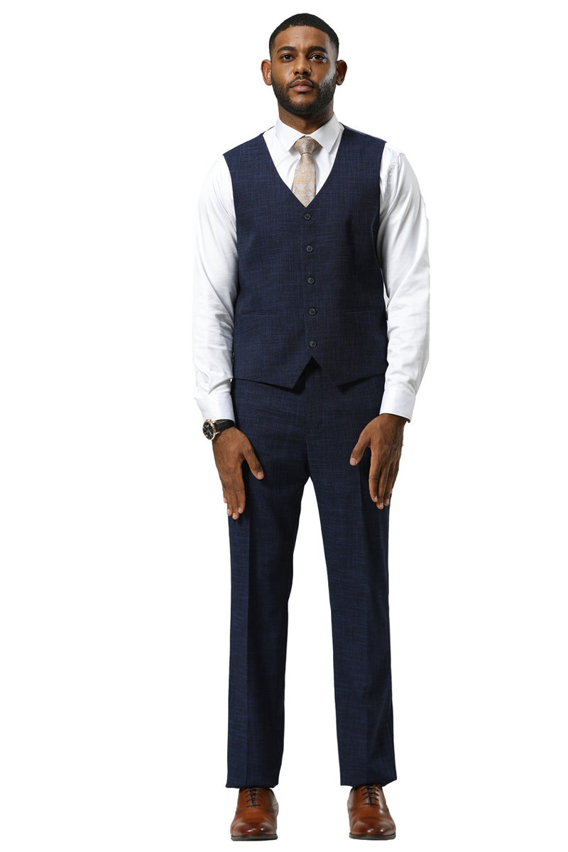 Men's Stacy Adams One Button Peak Lapel Vested Sharkskin Suit in Navy - 34 Short