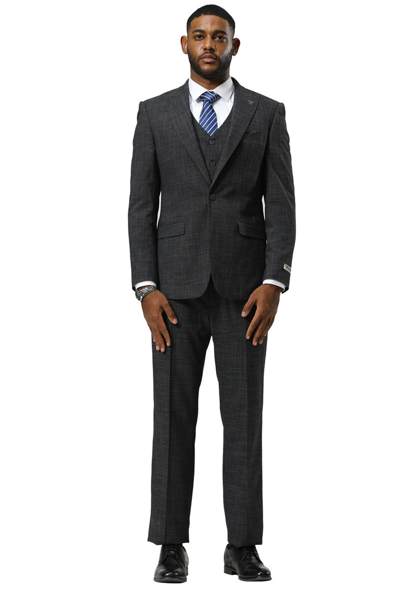 Men's Stacy Adams One Button Peak Lapel Vested Sharkskin Suit in Charcoal - 34 Short