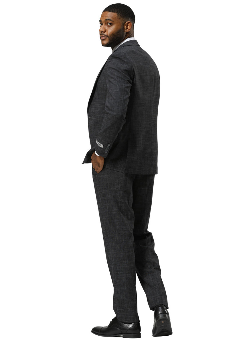 Men's Stacy Adams One Button Peak Lapel Vested Sharkskin Suit in Charcoal - 34 Short