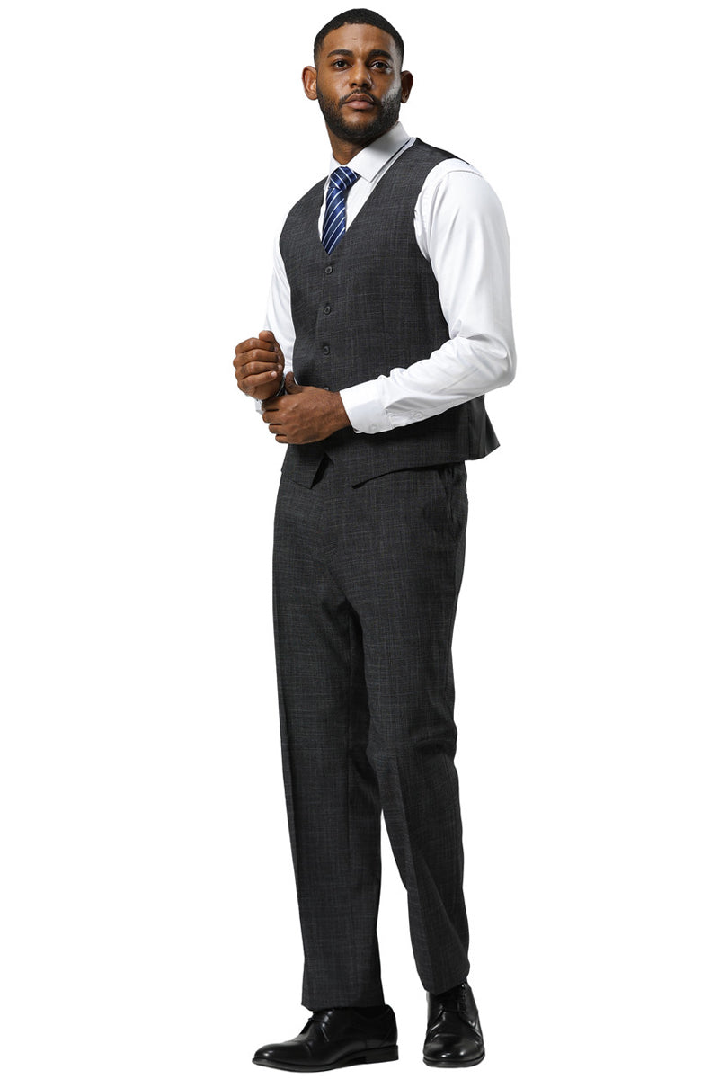Men's Stacy Adams One Button Peak Lapel Vested Sharkskin Suit in Charcoal - 34 Short