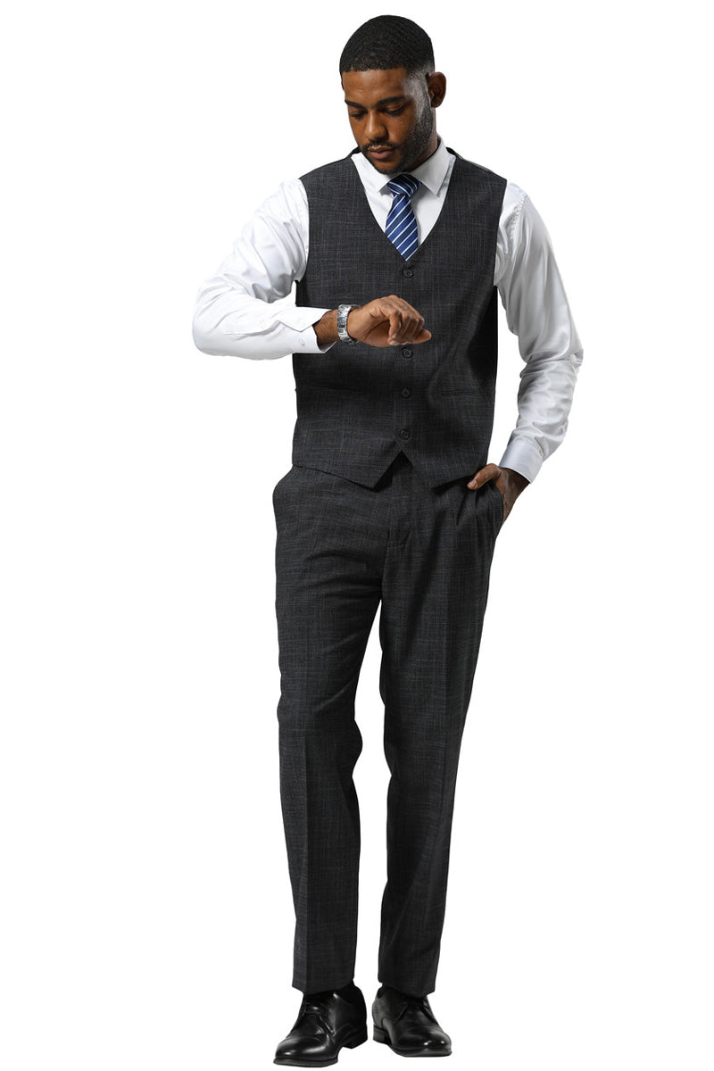 Men's Stacy Adams One Button Peak Lapel Vested Sharkskin Suit in Charcoal - 34 Short
