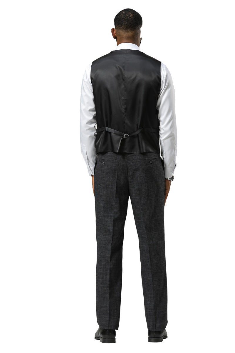 Men's Stacy Adams One Button Peak Lapel Vested Sharkskin Suit in Charcoal - 34 Short