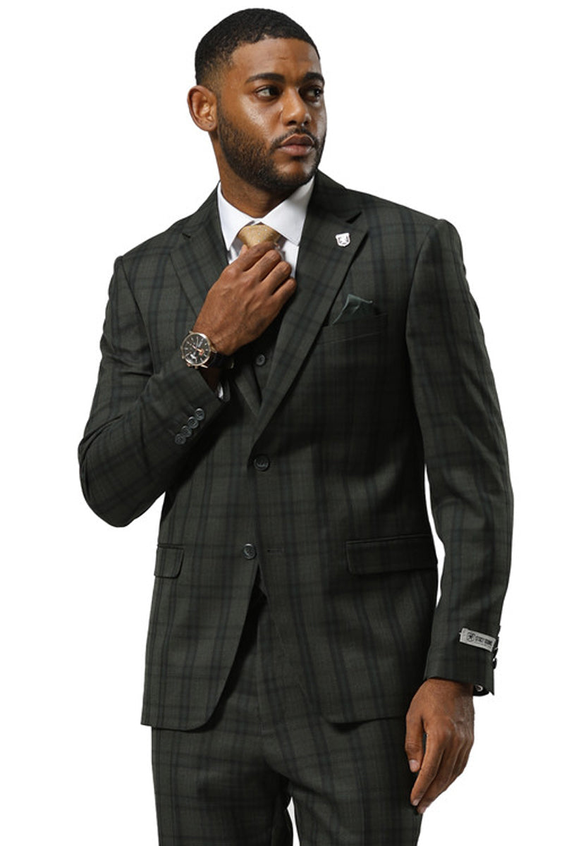 Men's Stacy Adams Modern Fit Vested Suit in Dark Hunter Green Double Windowpane Plaid - 34 Short