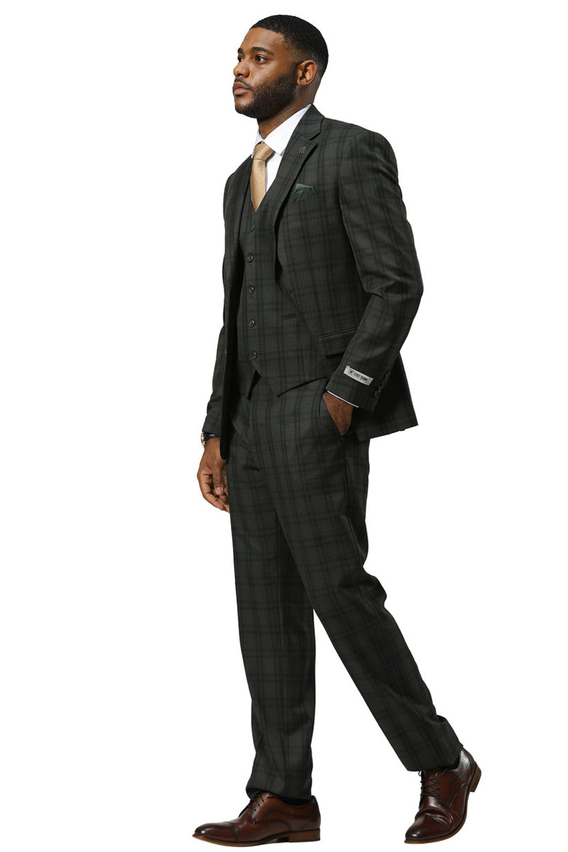 Men's Stacy Adams Modern Fit Vested Suit in Dark Hunter Green Double Windowpane Plaid - 34 Short