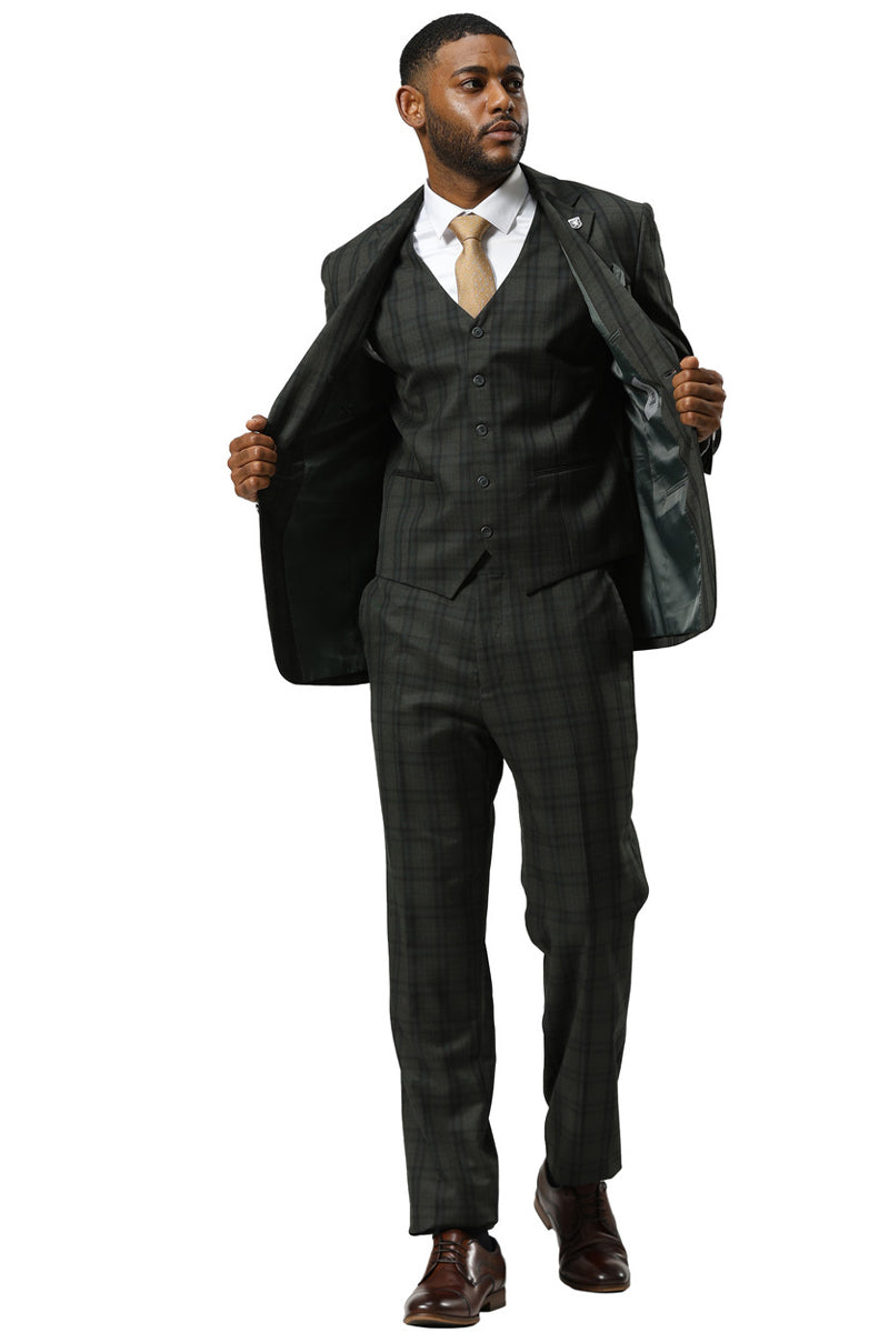 Men's Stacy Adams Modern Fit Vested Suit in Dark Hunter Green Double Windowpane Plaid - 34 Short