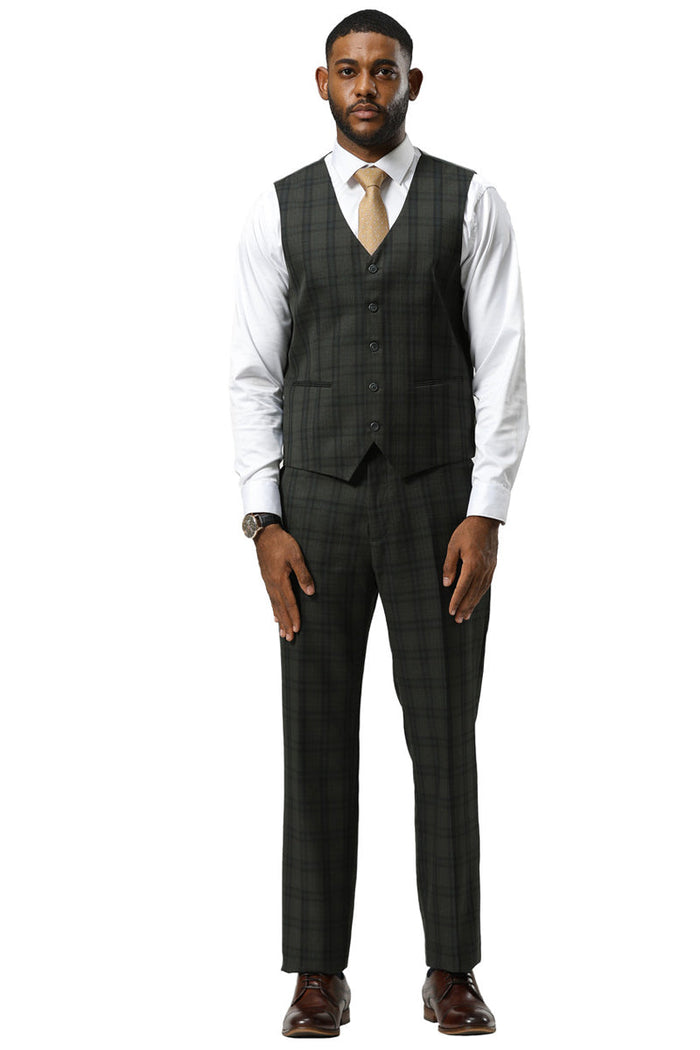 Men's Stacy Adams Modern Fit Vested Suit in Dark Hunter Green Double Windowpane Plaid