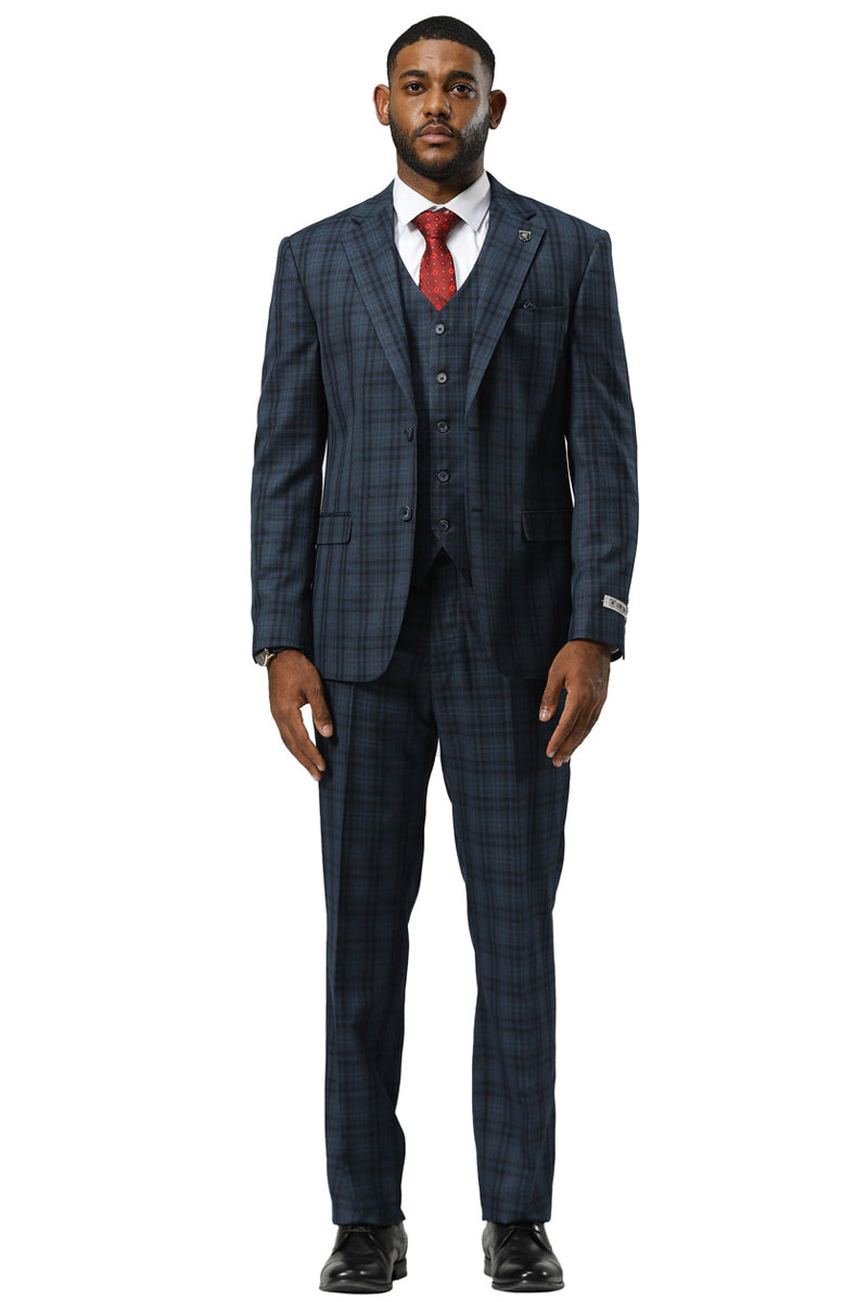 Men's Stacy Adams Modern Fit Vested Suit in Navy Blue Double Windowpane Plaid - 34 Short
