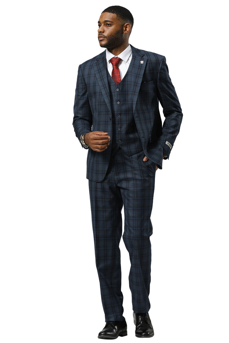 Men's Stacy Adams Modern Fit Vested Suit in Navy Blue Double Windowpane Plaid - 34 Short