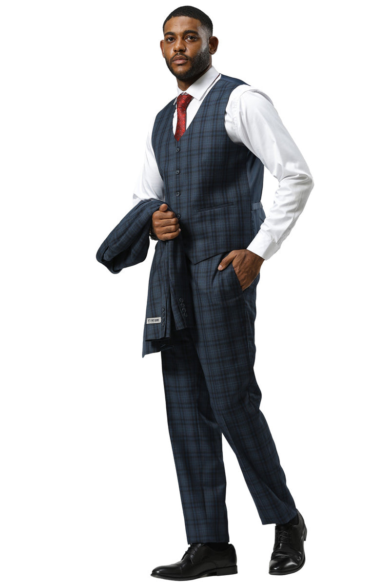 Men's Stacy Adams Modern Fit Vested Suit in Navy Blue Double Windowpane Plaid - 34 Short