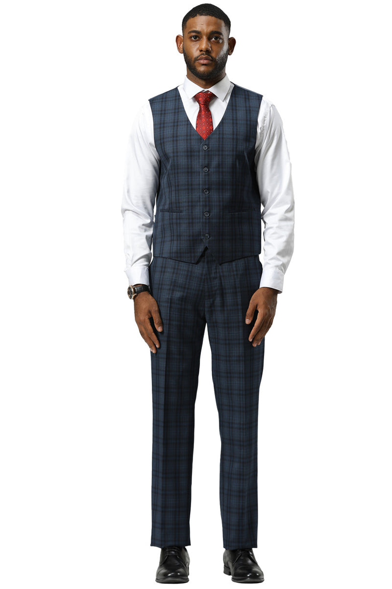 Men's Stacy Adams Modern Fit Vested Suit in Navy Blue Double Windowpane Plaid - 34 Short