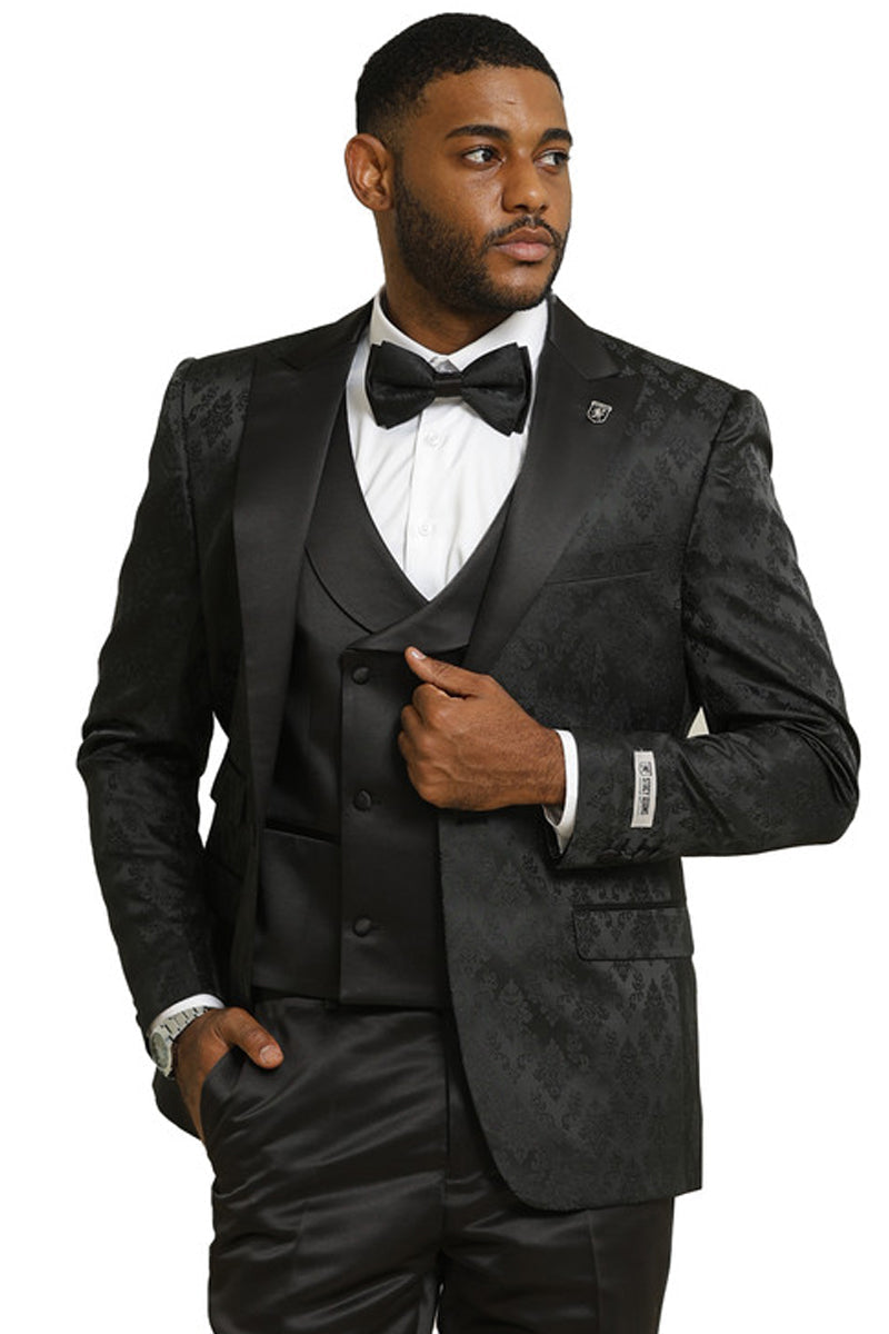 Men's Stacy Adams Shiny Brocade Wedding & Prom Tuxedo with Double Breasted Vest in Black - 34 Short
