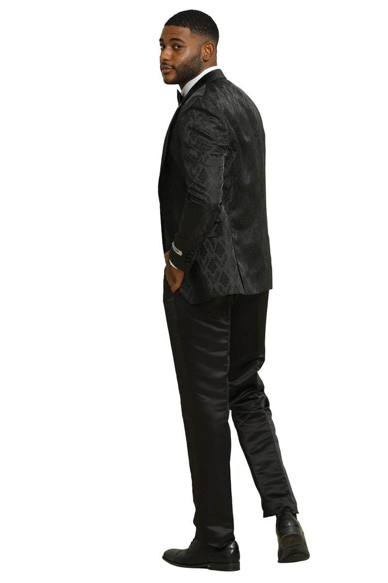 Men's Stacy Adams Shiny Brocade Wedding & Prom Tuxedo with Double Breasted Vest in Black - 34 Short