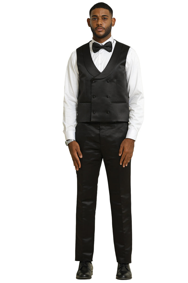 Men's Stacy Adams Shiny Brocade Wedding & Prom Tuxedo with Double Breasted Vest in Black - 34 Short